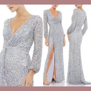 NWT Mac Duggal [ 14 ] 5213 Multi Colored Sequin‎ Long Sleeve Gown w/ Slit Silver